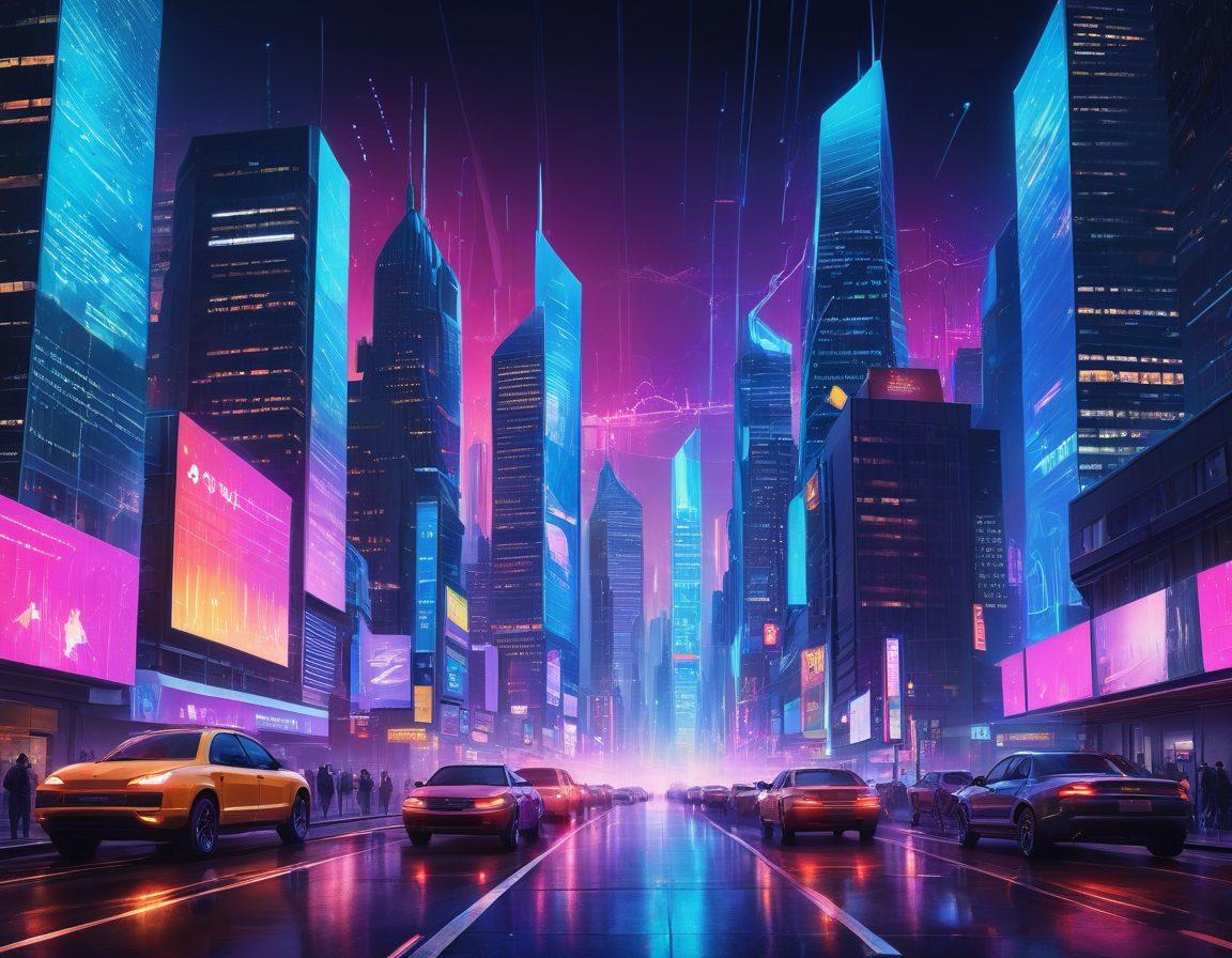A futuristic city skyline with digital overlays symbolizing insurance technology, such as floating data graphs, shield icons, and diverse people using digital devices for insurance claims. The scene should evoke innovation and connectivity, representative of a tech-driven insurance revolution. vibrant colors. 3D. cyberpunk style.