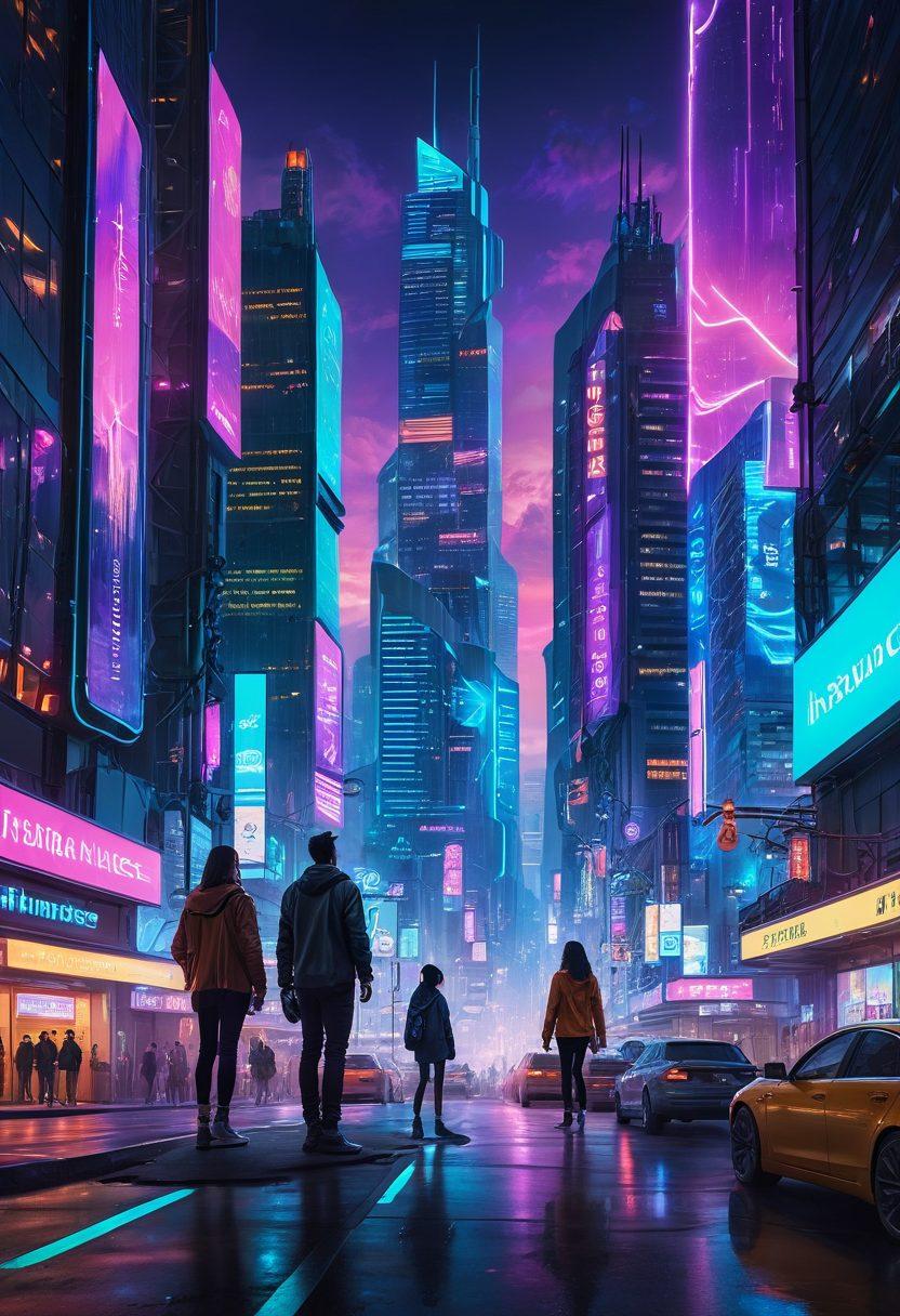 A futuristic cityscape blending digital and real elements, showcasing people engaged with various online insurance platforms on their devices. In the foreground, a family happily interacting with a holographic insurance agent, while behind them, tall buildings adorned with digital screens displaying insurance claims and policy options. The scene should evoke a sense of optimism and innovation in the insurance industry. cyberpunk. vibrant colors. high detail.