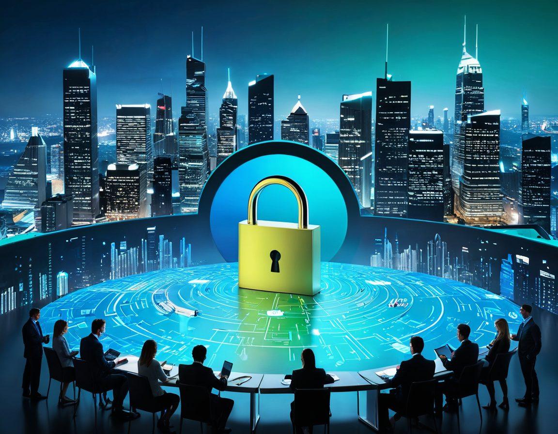 An abstract representation of a lock being opened, symbolizing efficiency and innovation in the insurance industry. Include digital elements like circuit patterns and interface icons to emphasize technology. Show a diverse group of people discussing insurance policies around a futuristic table, with a backdrop of a city skyline. Bright blue and green colors to convey trust and progress. super-realistic. vibrant colors. 3D.
